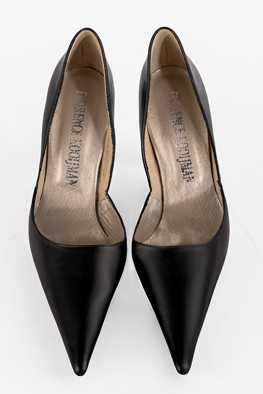 Satin black women's open arch dress pumps. Pointed toe. Very high slim heel. Top view - Florence KOOIJMAN